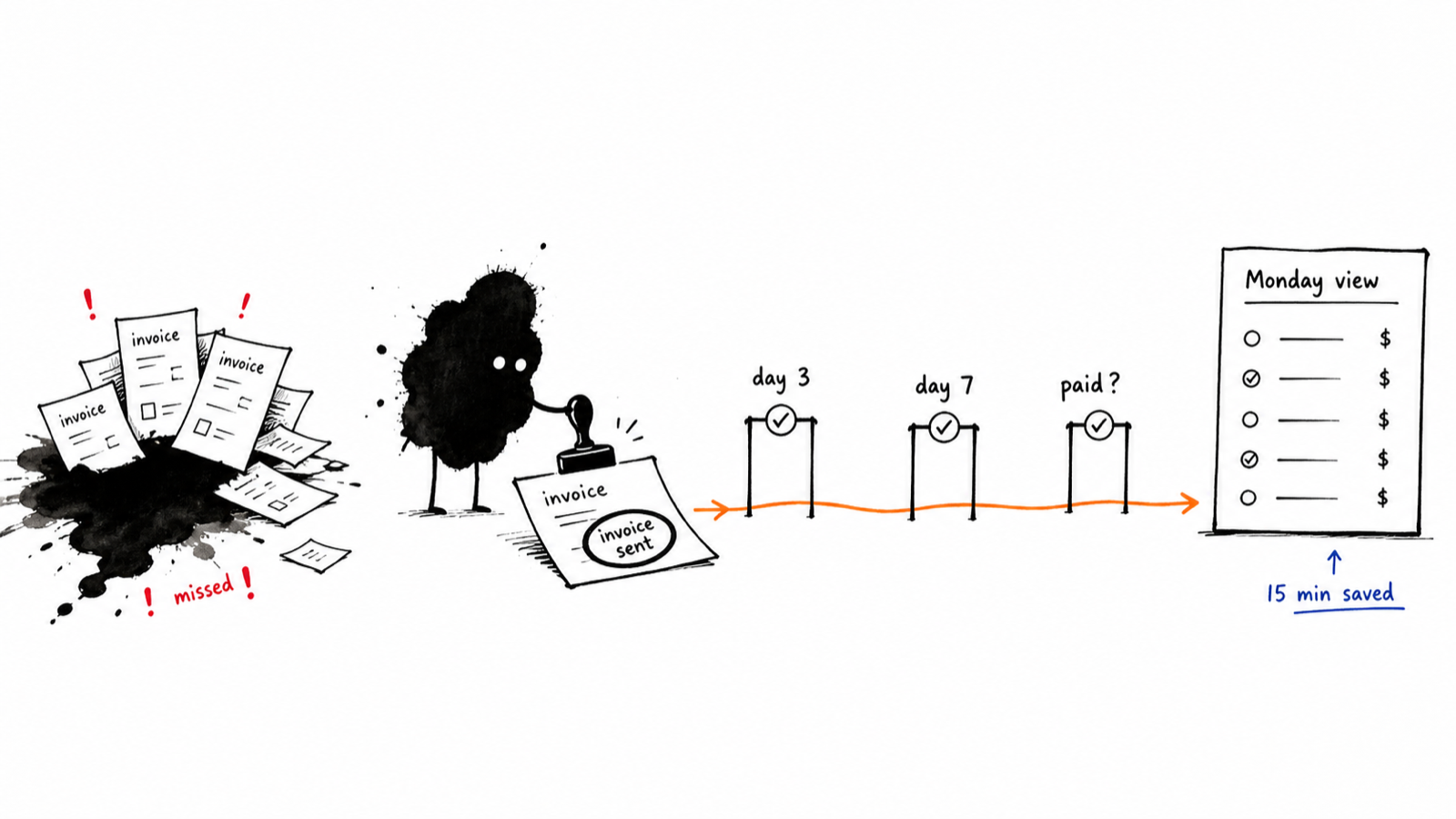 Ink illustration: a pile of missed invoices turns into an automated pipeline with day 3 and day 7 reminders and a Monday summary view