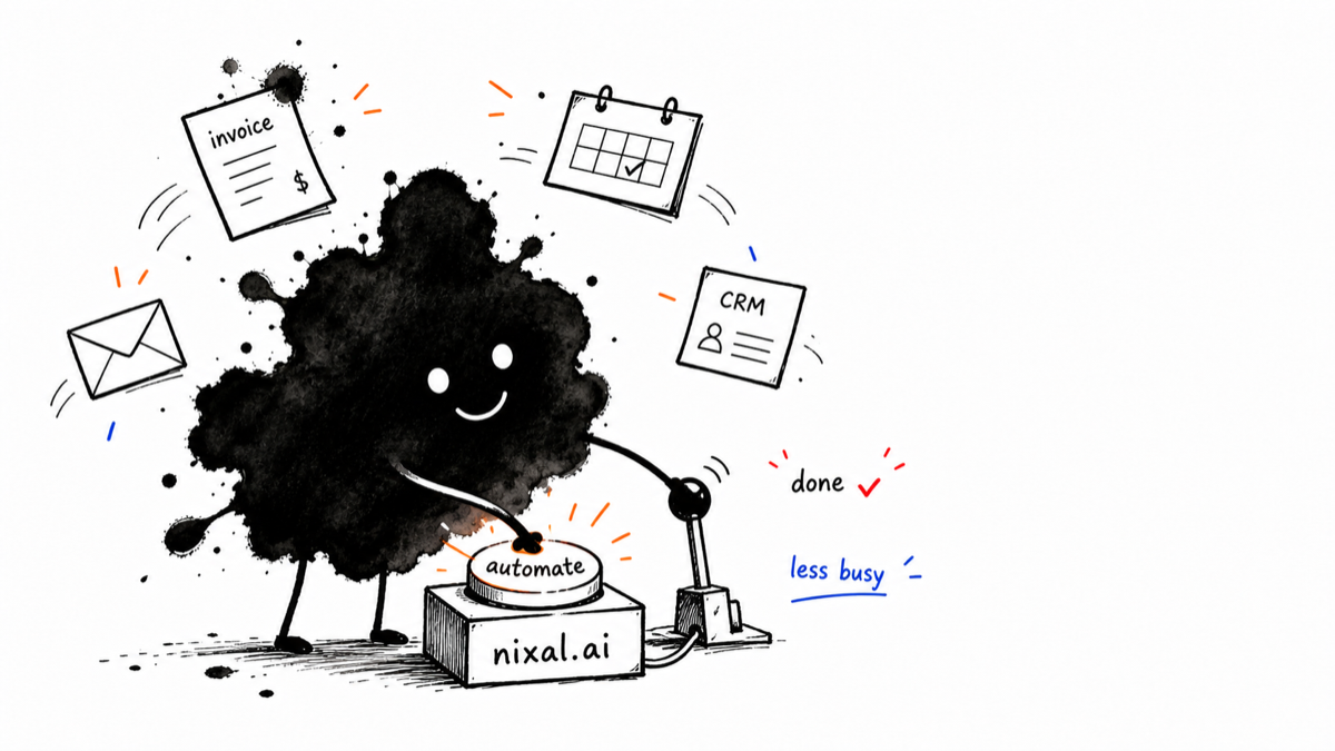 Ink illustration: a happy ink blob presses a nixal.ai automate button — invoice, calendar, email, and CRM tasks get done, owner less busy
