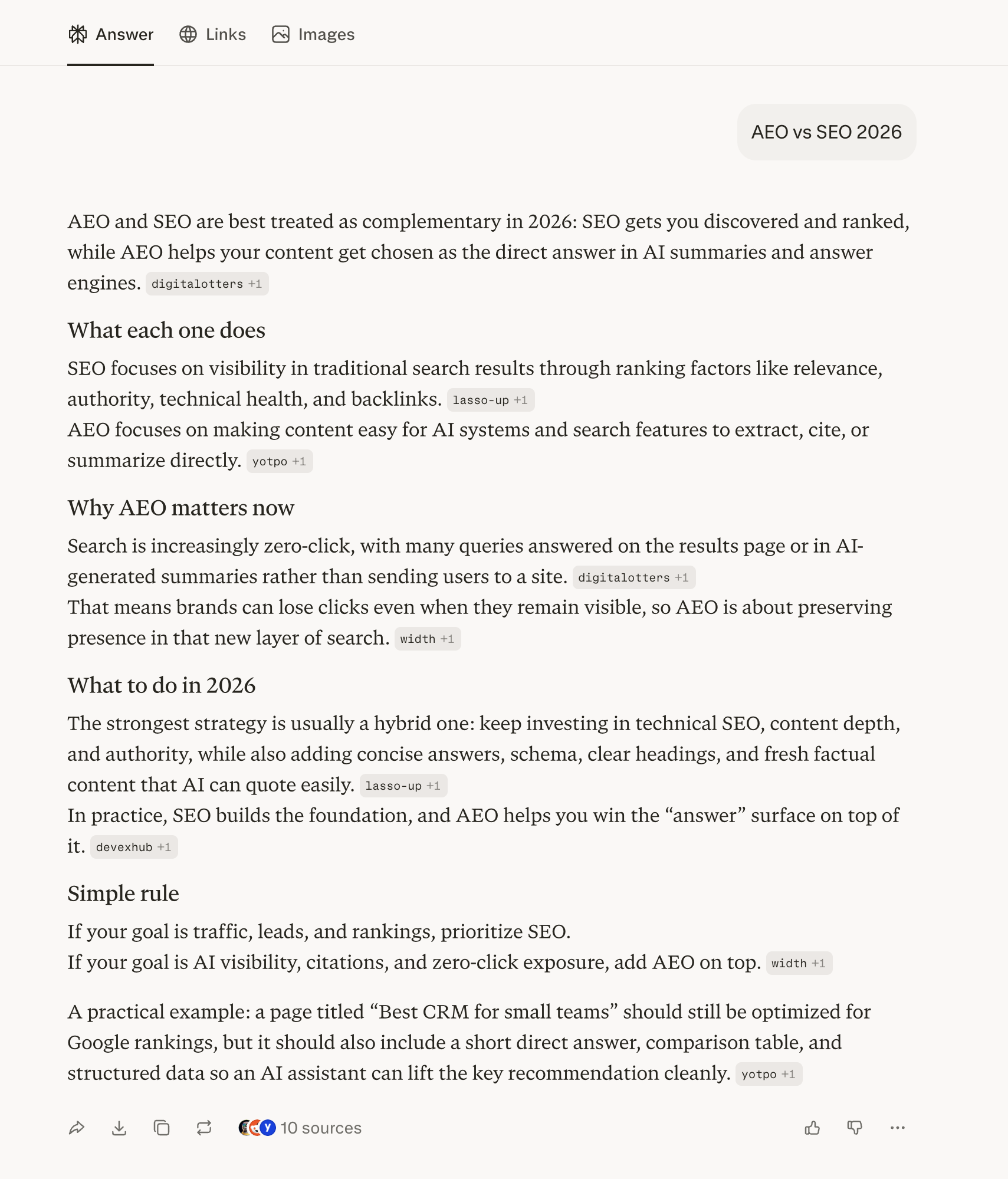 Perplexity answering 'AEO vs SEO 2026,' citing small specialist sites inline — digitalotters, lasso-up, width.ai, and devexhub